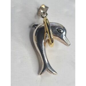 Silvertone Dolphin Pendant Jumping Goldtone Hoop Jumping Sealife Beach Ocean
